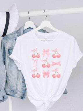 Custom Pink Cherry & Bow Coquette Aesthetic Graphic Tee